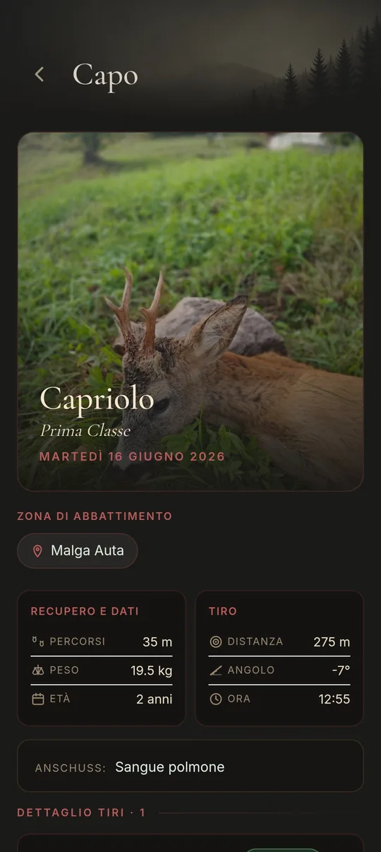 Scheda di un capo: capriolo di prima classe con foto, zona, dati di recupero e dettaglio del tiro.